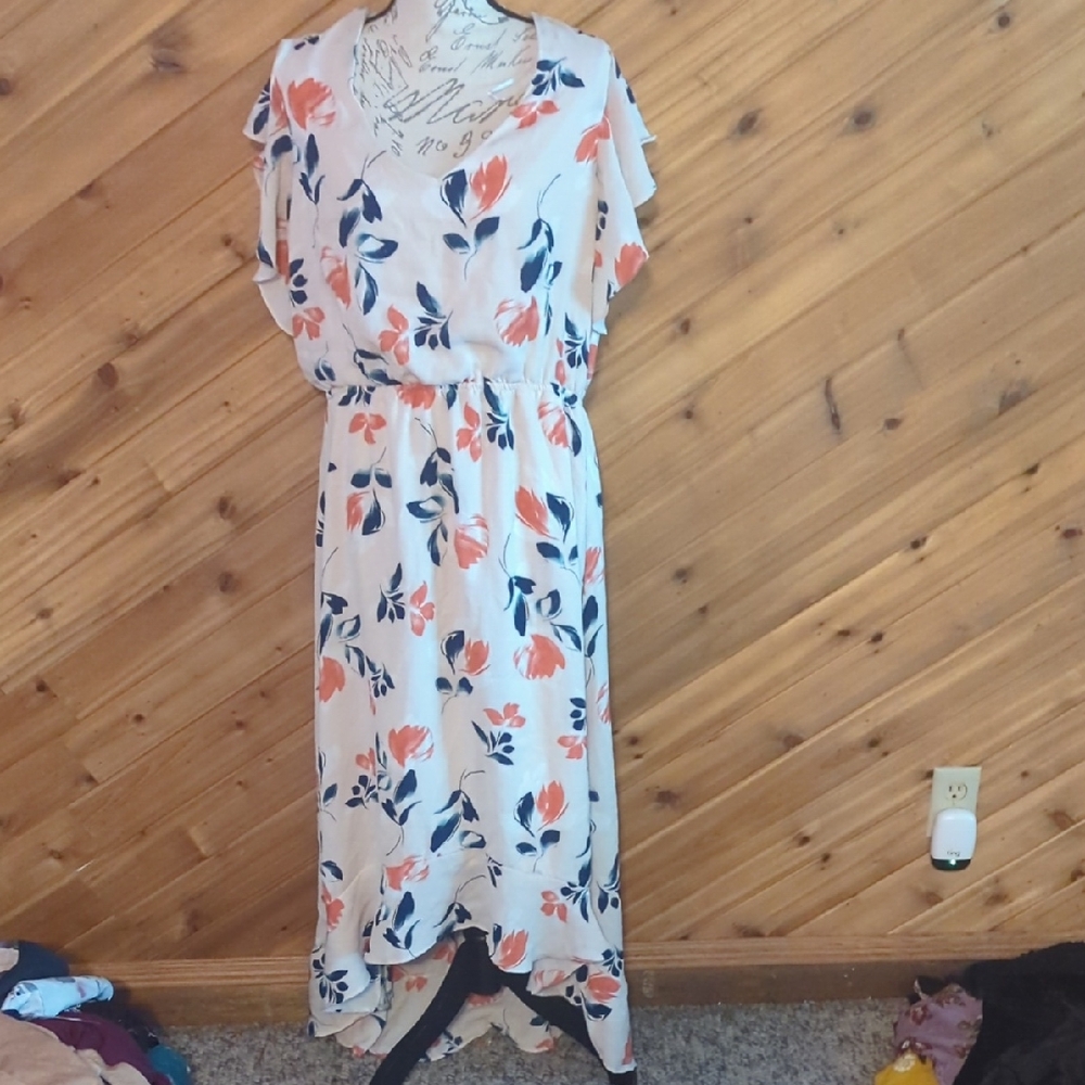 AUW White and Coral Floral High Low Dress